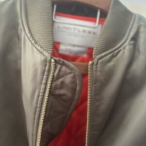 Limitless Olive Bomber Jacket with Red Lining large chest 46 in ‎ length 29 in